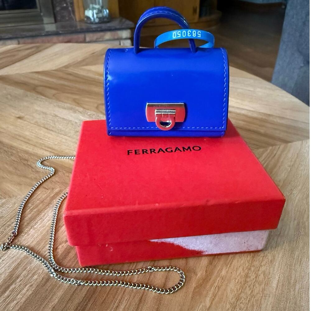 Ferragamo Leather Cerulean Blue AirPod Crossbody Case with Box
